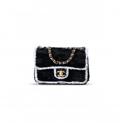 CHANEL CLASSIC FLAP BAG SEQUINS & GOLD METAL BLACK 296135 (20*13*7cm)